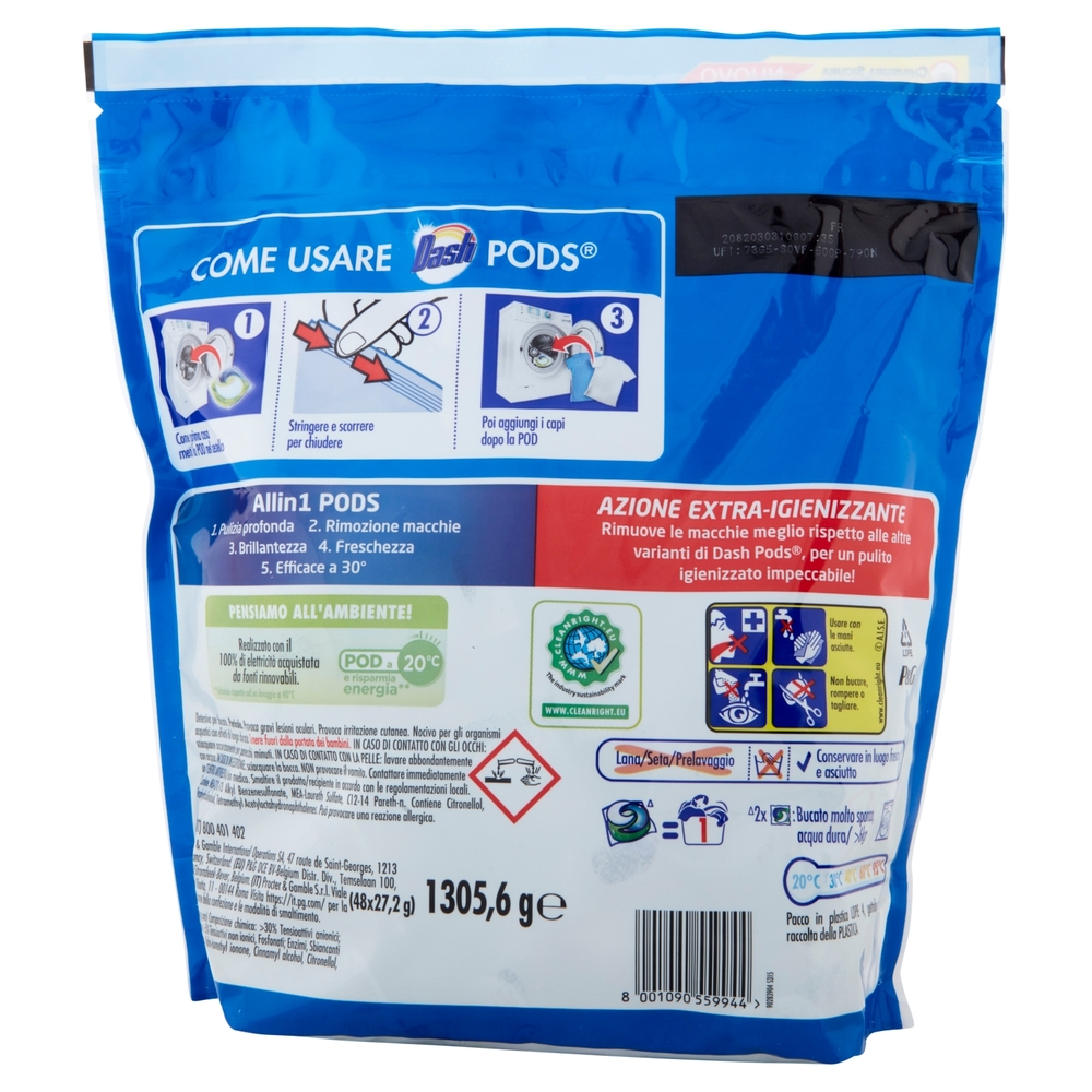 Dash PODS Allin1 Detersivo Lavatrice Capsule Bucato + Azione Extra-Igienizzante 48 Lavaggi 1305,6 g